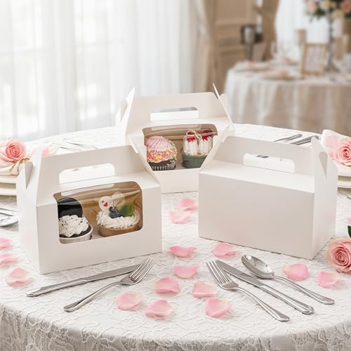 60 Pack 2 Count White Paper Cupcake Boxes with Insert, Handle and Window, Portable Cupcake Muffin Containers, Gable Bakery Gift Boxes Party Favor Treat Boxes for Wedding Birthday