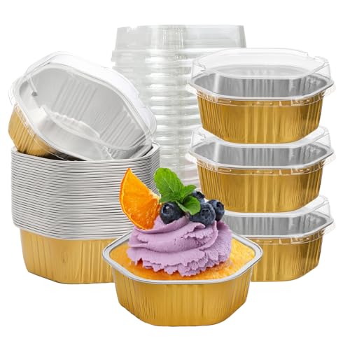Frcctre 35 Pack 13 Oz Aluminum Foil Baking Cups with Lids, Disposable Hexagon Aluminum Foil Ramekins Cupcake Baking Pans Muffin Liners Cups Brownie Pudding Desserts Holders