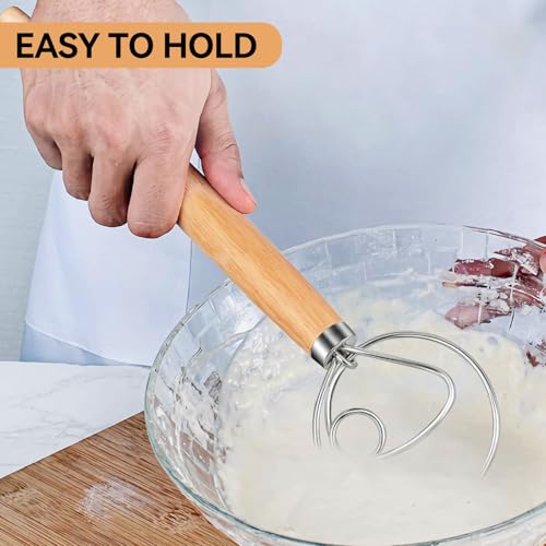 TEEVEA Danish Dough Whisk Wooden Handle Stainless Steel for Sourdough Bread - color: White Ash Wood 1-eye