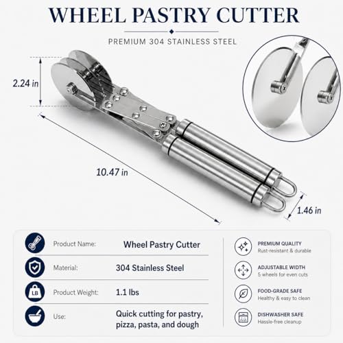 Wheel Adjustable Pasta Cutter with Handle - Stainless Steel Multi-Tool for Baking Pastry, Pizza, Noodles & Pie Crust (7 Roller) - color: 7 Roller
