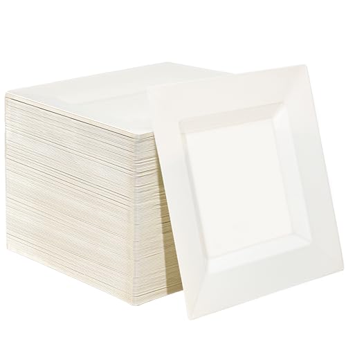 100 Pack Ivory Plastic Square Dessert Plates, 6.5" Disposable Salad Plates - color: Ivory