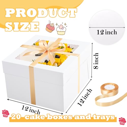 KPOSIYA 40pcs 12x12x8 In Cake Boxes with Cake Boards（20 Boxes & 20 Boards） - color: White, size: 12x12x8 inch