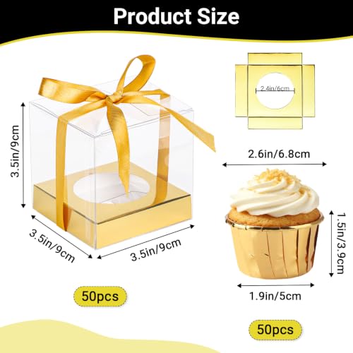 EUSOAR Cupcakes Boxes with Gold Cupcake Cups, 50pcs 3.5 Inch Cupcakes Containers and 50pcs 3.5oz Disposable Ramekins, Transparent Dessert Pastry Cupcakes Carrier for Wedding Party Favor Bakery - color: Gold