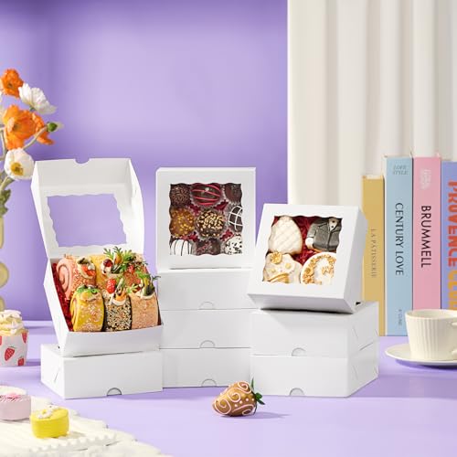 RomanticBaking 51PCS 5x5x2 Inch Bakery Boxes,Cookie Boxes with Window, Pastry Boxes for Macaroon Dessert Cupcake Donut Pastry Muffins - size: 5x5x2½"