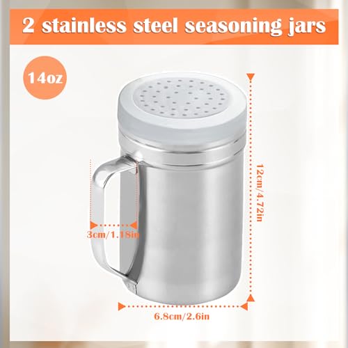 2Pcs Metal Salt Pepper Dredge Shakers, Stainless Steel Pepper Shaker Seasoning Jar With Handle, With Hole And Cover, Suitable For Pepper, Cinnamon And Coffee Spice Jars (Large-14OZ) - size: Large-14OZ