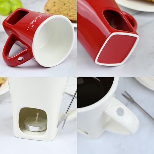 Sweet Fondue Cup Set, Chocolate Fondue Mug with 1 Fork and 4 Candles, Personal Ceramic Chocolate Melting Cup, Chocolate Fondue Cup, Ideal Gifts for Date Night, Birthday, Wedding (White) - color: White
