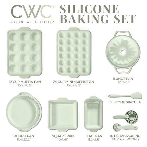 COOK WITH COLOR 17 Pc. Silicone Baking Pan Set - Non-Stick & Easy Clean Silicone Muffin Pans for Baking with Sturdy Metal Frame for Stability, Flexible Cake Molds, Includes Measuring Cups and Spoons - color: Sage