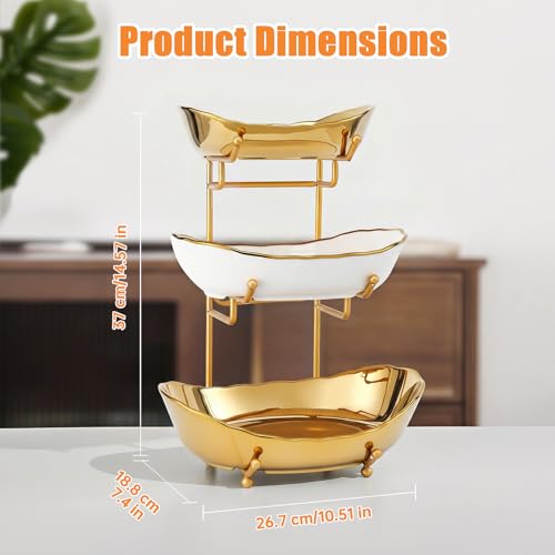 3 Tier Fruit Basket, Ceramic Fruit Bowl for Kitchen Counter 2 - color: Gold&White, size: Small