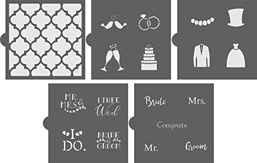 Wedding Day Party Cookie Stencils | 5 Sheet Value Bundle | Bride & Groom | Mr. & Mrs. | for Cookies, Cup Cakes, Cards, Paper, Fabric