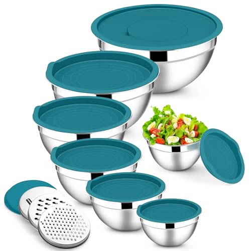 E-far Stainless Steel Mixing Bowls, 7PCS Mixing Bowls with Airtight Lids - color: Blue, size: 7 Regular Sizes