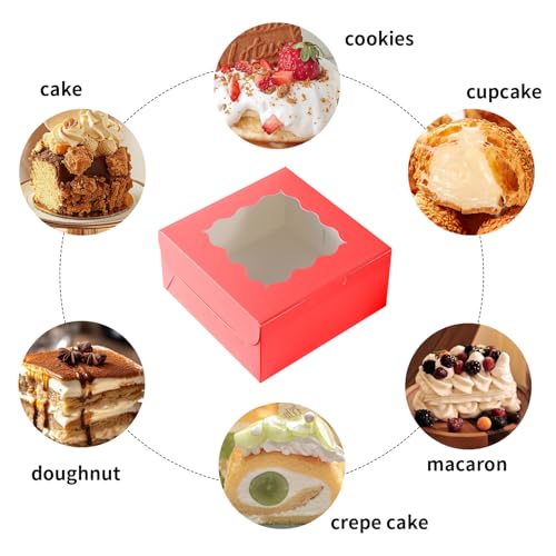 36 pcs 6x6x3 Inches Small Cake Box with Window, Bakery Pastry Cookie Boxes, Mini Pie for Pastry,Dessert,Strawberries,Chocolates, Cupcakes with paper stickers (Red) - color: Red/36pcs
