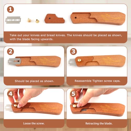 Wooden Bread Lame,Reusable Dough Scoring Tool,Sourdough Scoring Tool with Screw Lock & 10 Razor Blades,Handcrafted Bread Scoring-Tool for Sourdough Breads Baking