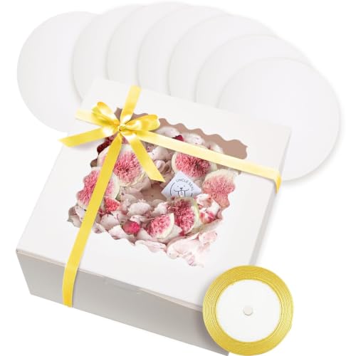 qiqee 10x10x5 Cake Box, 18 Sets White Cake Box with Window ＆ 18 Sets 10" White Cake Round Boards, 10inch Cake Containers, 10 Meters Gold Silk Ribbon - color: White, size: 18 Sets /10x10x5