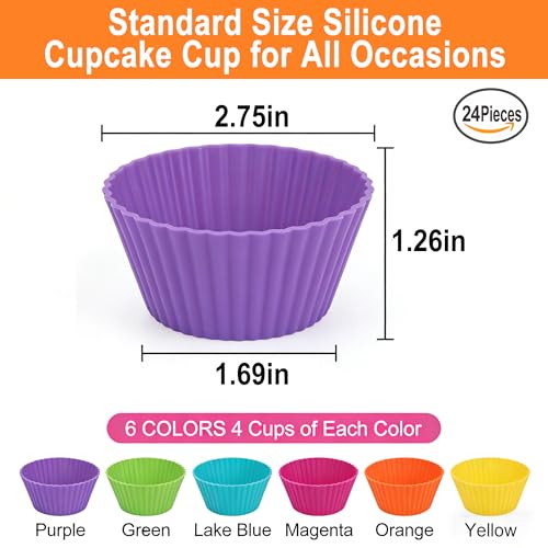 Reusable Non-Stick Silicone Baking Cups, Food Grade BPA Free Cupcake Muffin Liners, Oven & Dishwasher Safe Easy Release, Multicolor Rainbow, 24 Pack, for Muffins Cupcakes - color: 24pc- Multicolor