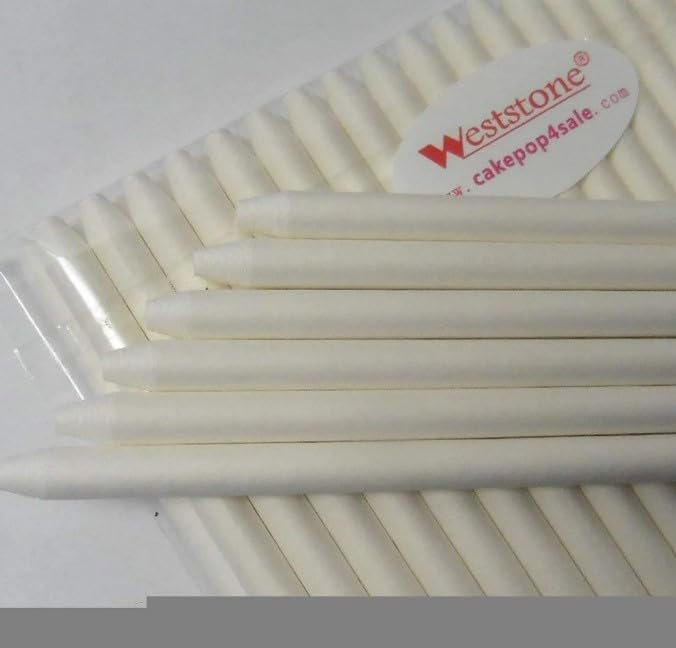 40pcs 6.5 in (165mm) x 6mm White Pointed Paper Sticks For Cake Pops, Caramel Apples or Candy Apple - Heavy Duty