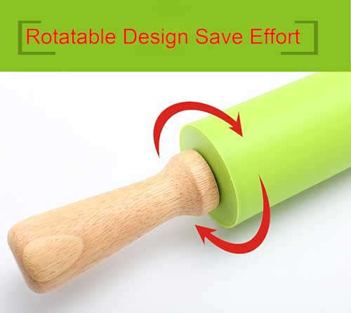 Green Rolling Pin, 9 Inch Silicon Rolling Pin with Wooden Handle for Kneading the Dough of Baking Bread, Pizza, Cookie, Noodles (green, 9 inch) - color: Green, size: 9 inch