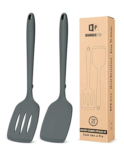 BUNDLEPRO Silicone Spatula, Solid & Slotted Turner, One-Piece, 2 Pack, Gray - color: Gray