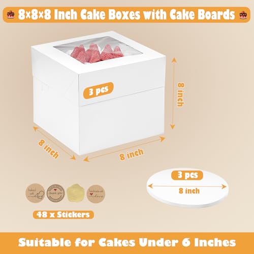 8x8x8 Inches Cake Boxes with Cake Boards, 3 Pack Premium Tall Cheesecake Boxes with Display Window for Christmas, Birthday, Wedding - size: 8 x 8 x 8 Inches-3 Pack
