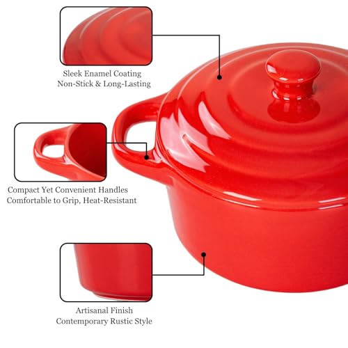 Mini Dutch Oven Set of 4, 14 oz Ceramic Mini Dutch Ovens with Lids and Handles, Ramekins with Lids for French Onion Soup, Pot Pies, Soufflés and Baked Desserts, Oven Microwave Dishwasher Safe, Mini Cocotte，（Red） - color: Red