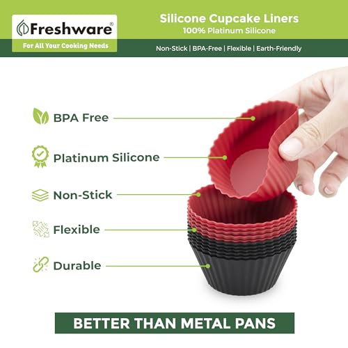 Freshware Cupcake Liners - Pack of 12 Silicone Muffin Cups, 2.8 Inch Baking Cups, Reusable & Non-stick for Party, Halloween, Christmas, Round - color: Red & Black Round [12-Pack]