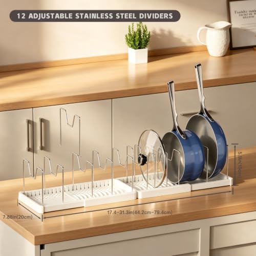 Magheo 2 Pack Expandable Food Storage Container Lid Organizers, 31.3" Pots and Pans Organizer Under Cabinet with 12 Adjustable Dividers Pot and Pan Lid Holders Rack Inside Cabinet(White) - color: White, size: (2 Pack)31.3"D x 7.9"W x 5.9"H