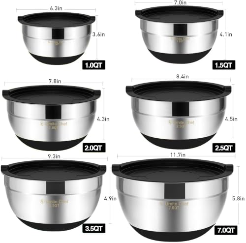 Umite Chef Mixing Bowls with Airtight Lids，6 piece Stainless Steel Metal Nesting Storage Bowls, Non-Slip Bottoms Size 7, 3.5, 2.5, 2.0,1.5, 1QT, Great for Mixing & Serving(Black) - color: Black