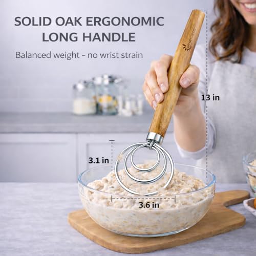 Danish Dough Whisk for Sourdough – Thick Stainless Steel Dutch Whisk with Ergonomic Oak Handle – Heavy-Duty Dough Mixer for Bread & Baking - size: Round Coil