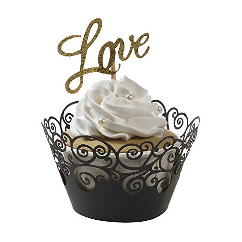 Cupcake Wrappers, KPOSIYA 100 Pack Cupcake Wraps Filigree Artistic Bake Cake Paper Cup Little Vine Laser Cut Liner Baking Cups Muffin Case Trays for Wedding Party Birthday Decoration (100, Black) - color: Black, size: Black (Pack of 100)