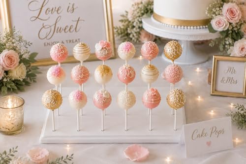 NANGOPOP Wood Cake Pop Stand Display - 18 Hole Lollipop Holder, Candy or Sucker Stand for Dessert Table of Wedding, Shower, Birthday Party, White - Fit 5/32" (4mm) Lollipop Sticks - color: White