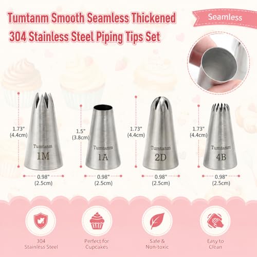 Professional Large Piping Nozzles, 4pcs Stainless Steel Seamless Icing Piping Nozzle Tip Set for Cakes, Cupcakes and Baking