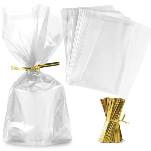 Zcintert Clear Cello Cellophane Treat Bags, 200 Pcs - 5" x 7"(2mils), Plastic Gift Bags for Candy, Party Favor, Cookies, Candies Packaging, with 4” Twist Ties - color: 200PCS - 5" x 7"