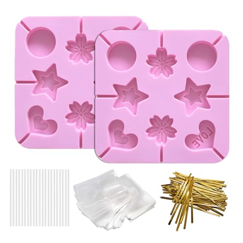 8 Capacity Silicone Lollipop Molds,Hard Candy Chocolate Sucker Mold with 2pcs 3.15 inch Lollypop Sucker Sticks,Candy Treat Bags,Gold Ties - color: 2p