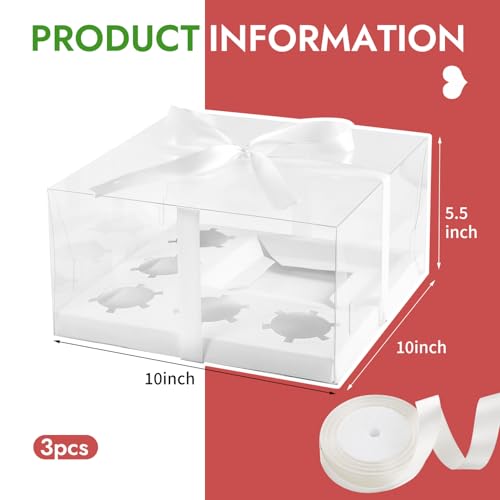 JCD 3 Packs Cake Cupcakes Combo Box 1+5 Cupcake Containers with Gift Ribbon Bento Clear Boxes (5 Cupcakes with Cake)(1+5/3Pcs) - size: Clear 1+5/3Pcs