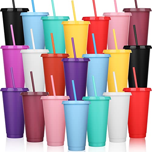 Honeydak 30 Pack Plastic Cups with Lids Straws,Solid Color - color: Solid Color