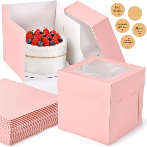 12Pcs 8x8x8 Inches Cake Boxes, Pink Square Bakery Boxes with Window - color: Pink, size: 8x8x8inch