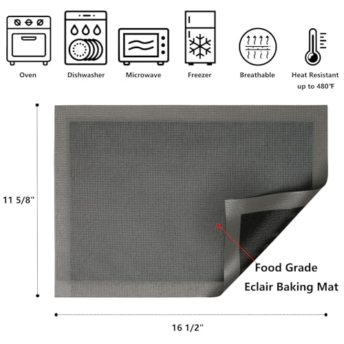 AMYONE Perforated Silicone Baking Mats, 2 PCS Gray Mesh Baking Mats for Half Sheet, Non-Stick Reusable Eclair Oven Liners for Homemade Bread/Pizza/Sugar Cookie 11 5/8" x 16 1/2", Deep Space Grey - color: Grey & Black