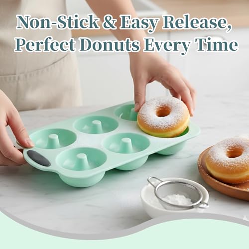 2-Pack Donut Pan Set with Easy-Grip Handles - Large 3" Non-Stick Molds for Baking Vegan, Gluten-Free Bagels & Desserts, Top Choice for Home Bakers (Green & Gray)(DP-01)