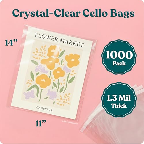 11x14 Clear Cellophane Bags, Self Sealing Art Sleeves, Resealable Poly Bags | Cello Bags for Gifts, Photos, Prints, Shirts, Pants, Paint, Envelopes, Letter Sized Documents - Pack It Chic (1000 Pack) - size: 11” X 14”