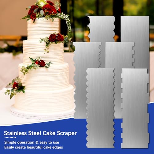 8.6 Inch Metal Cake Scraper, 6 Pack Double Sided Contour Patterned Edge Smoother, Stainless Steel Cake Decorating Comb Icing Leveler Tool for Buttercream Mousse Pastry Cake Border Decoration