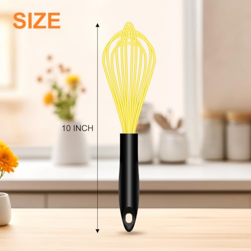 Silicone Whisk,10 Inch Silicone Whisks for Cooking Non Scratch, Kitchen Whisk Heat Resistant (480°F) Perfect for Blending,Whisking,Beating,Mixing.Dishwasher Safe (Yellow) - color: Yellow