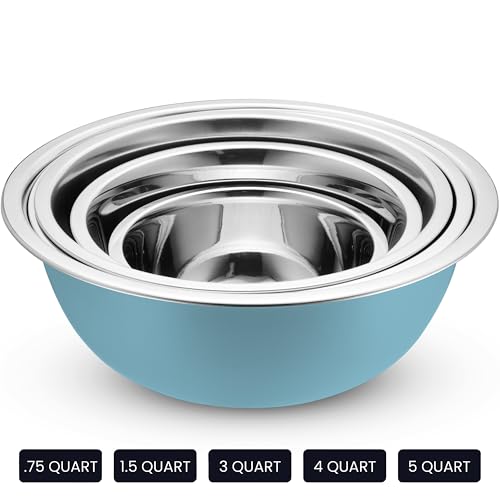10-Piece Stainless Steel Mixing Bowl Set with Lids for Food Prep & Storage - color: Light Blue Bowls - With White Lids