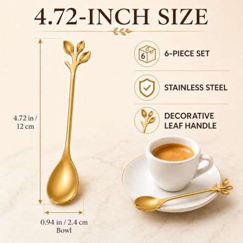 6-Piece Gold Coffee Spoons, 4.72-Inch Mini Espresso Spoons