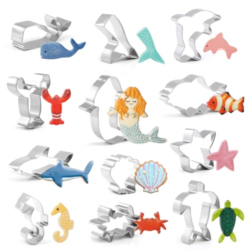 GWHOLE 12PCS Sea Creature Cookie Cutters Variety Pack, Stainless Steel