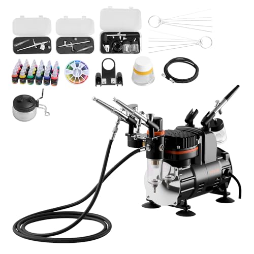 VEVOR Airbrush Kit, 1/6 HP, Air Brush Kit with Air Compressor, 3 Dual-Action Professional Airbrushes with 3 Tips, Hose, Acrylic Paint, Brush, Low Noise, for Cake Decorating, Model Painting, Nail Art - style: Airbrush Kit +24 Paints