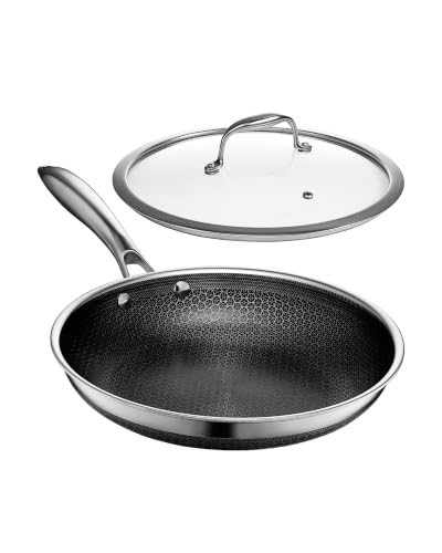 HexClad 10" Hybrid Nonstick Frying Pan with Lid, Dishwasher & Oven Safe - size: 10-inch, style: Pan + Lid