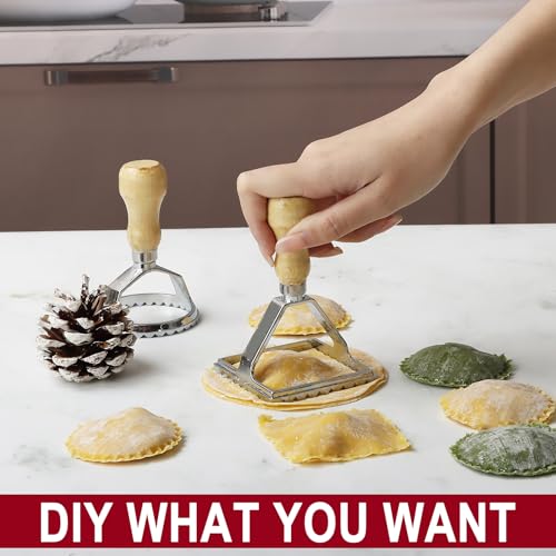 Ravioli Stamp Maker Cutter with Roller Wheel Set, Large Size Aluminum Press with Wooden Handle and Fluted Edge, Ravioli Maker Stamp for Ravioli, Pasta, Dumplings Lasagna, Pierogi, Set of 4