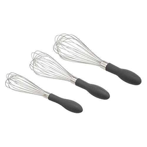Amazon Basics Stainless Steel Wire Whisk Set for Cooking, Different Sizes, Easy to Hold Ergonomic Handle, 3 Piece, Black/Silver