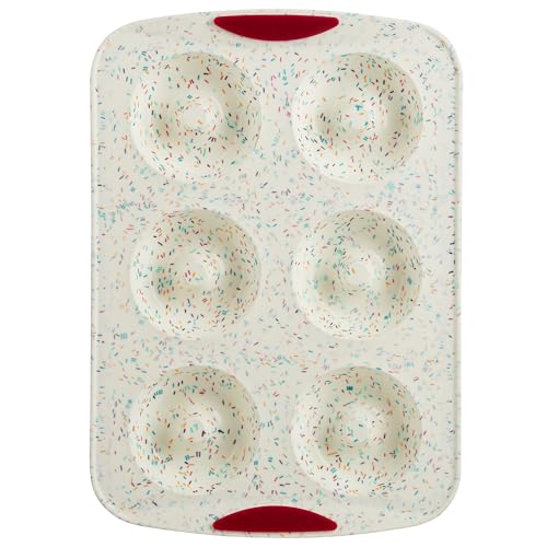 Trudeau Jumbo Donut Pan – Nonstick 6 Cavity Mold, White Confetti/Fuchsia – Silicone Baking Pan for Homemade Donuts, Muffins, Cakes, Bagels, Pastries & Baked Treats – Dishwasher & Oven Safe - size: Jumbo Donut Pan - 6 Cavity