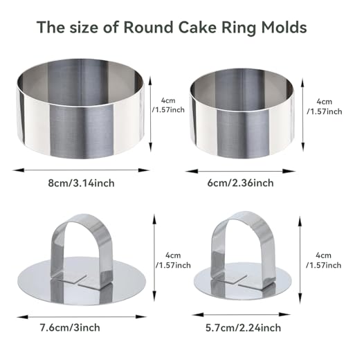 Uncle Jack 8 Pieces Round Cake Ring Molds, Cake Ring Mold Set, with Pusher, for Kitchen Tools, Baking Pastry (Include 4Pcs 3.14inch rings + 4Pcs 2.36inch Rings and 2 Pushers) - size: Round 4 PCS 3 1/8" + 4 PCS 2 3/8"