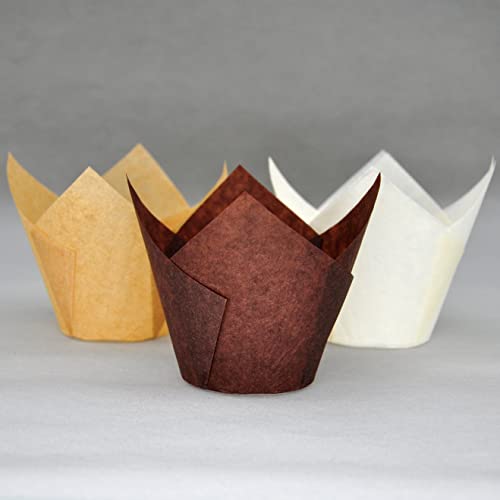 (JUMBO EXTRA LARGE size) Natural+Brown+White Tulip Baking Cups 2-1/4"(Base diameter) x 3-3/4"(Wall height) Greaseproof paper baking cupcake Muffin liners, Case of 130 pcs - color: Jumbo Brown&White&Natural